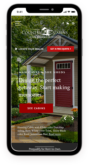 Country cabins webpage on a smartphone
