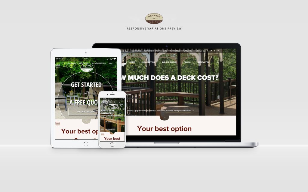 decks r us website displayed on laptop, tablet, and phone