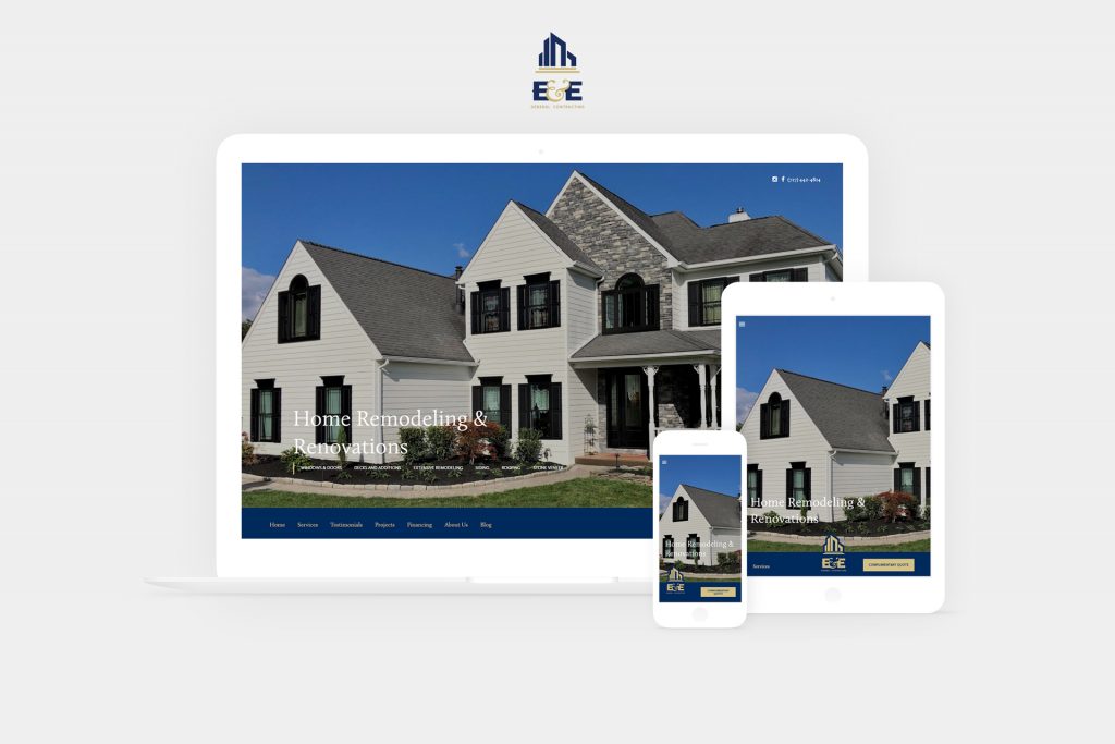 e&e contracting website displayed on laptop, tablet, and phone