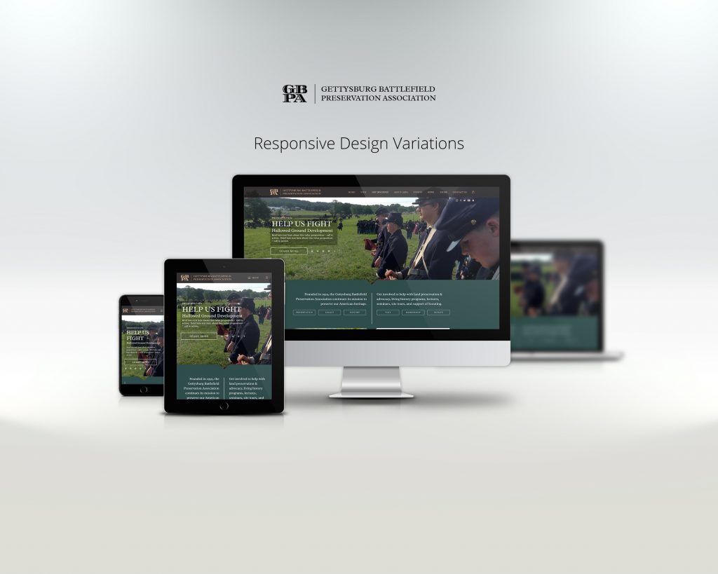 gettysburg battlefield preservation association website displayed on laptop, tablet, and phone