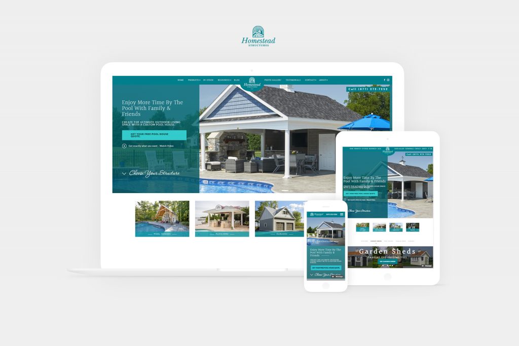 homestead structures website displayed on laptop, tablet, and phone